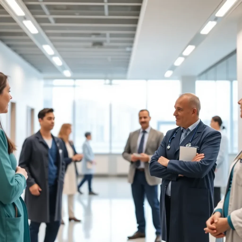Healthcare professionals discussing leadership changes