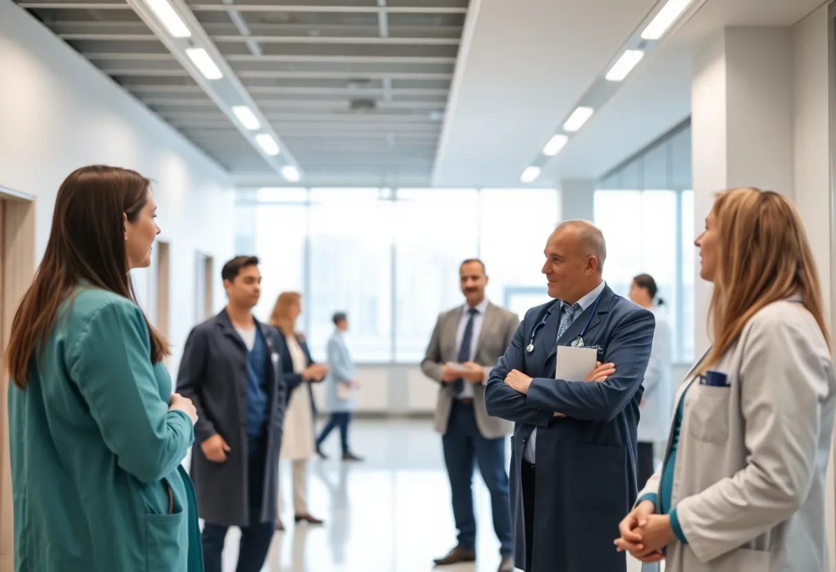 Healthcare professionals discussing leadership changes