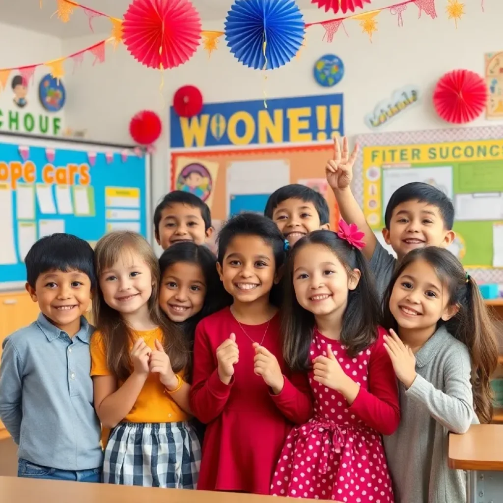 A group of joyful kindergartners celebrating their scholarship achievements in a colorful classroom.