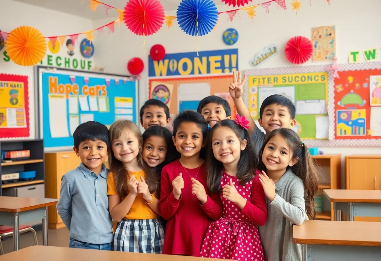 A group of joyful kindergartners celebrating their scholarship achievements in a colorful classroom.
