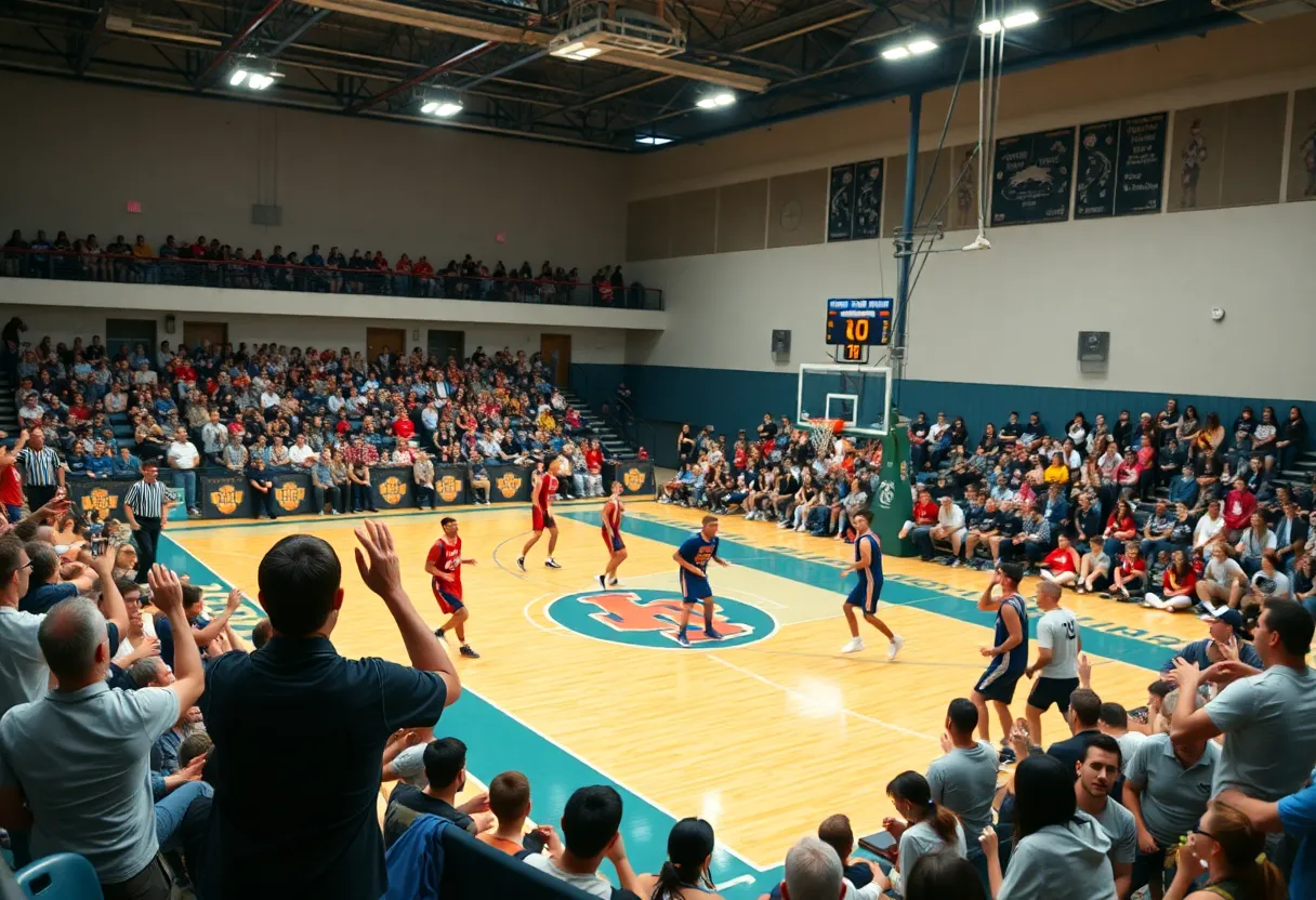 Basketball players from Lincoln and Columbia High in action during a game