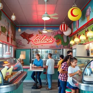 A vibrant ice cream shop with families enjoying their time.