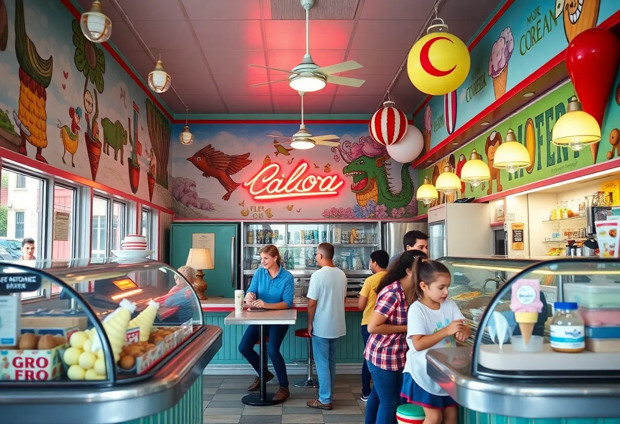 A vibrant ice cream shop with families enjoying their time.