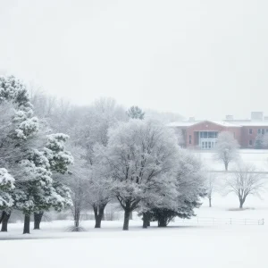 Snow-covered landscape in North Florida with a school in the background
