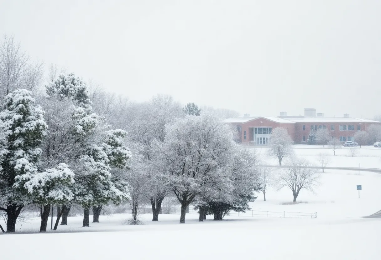 Snow-covered landscape in North Florida with a school in the background