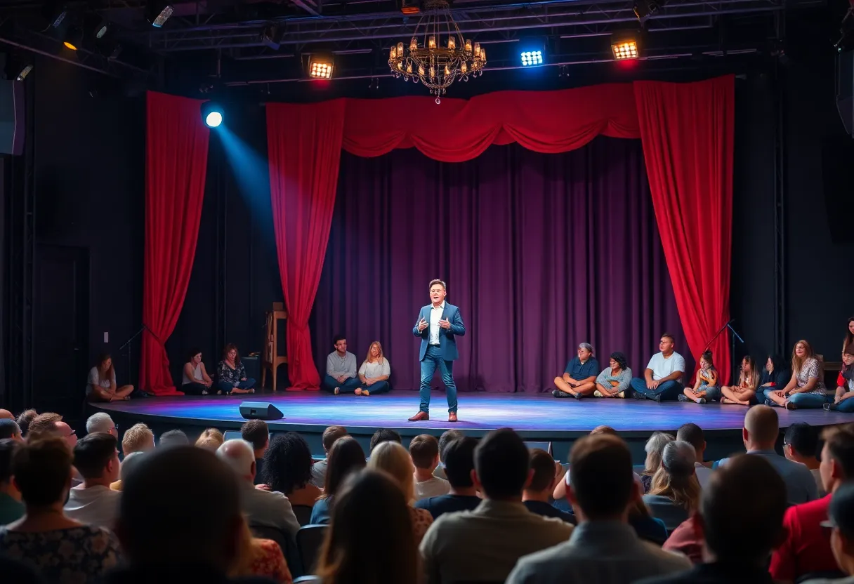 A scene from the one-man show On Sight discussing gun violence and mental health.
