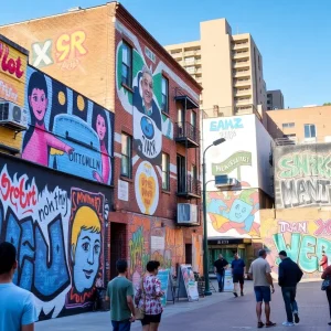 Vibrant view of Railroad Square Art District with art and community.