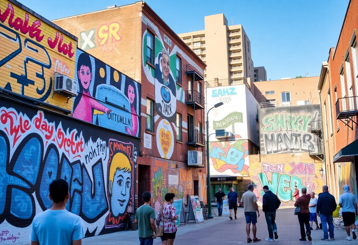 Vibrant view of Railroad Square Art District with art and community.