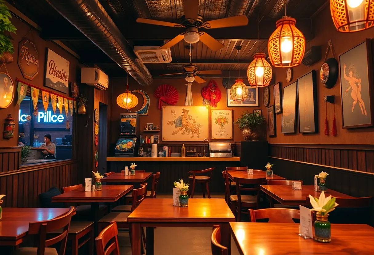 Interior of Real Sarap restaurant showcasing Filipino decor and dining setup.