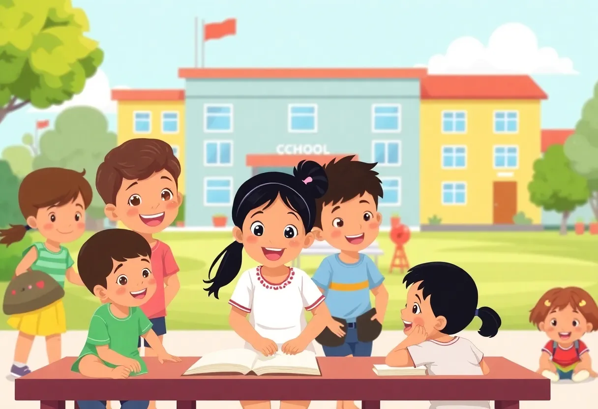 Children engaged in outdoor activities at an elementary school.