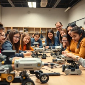 Students in a robotics engineering classroom at SAIL High School