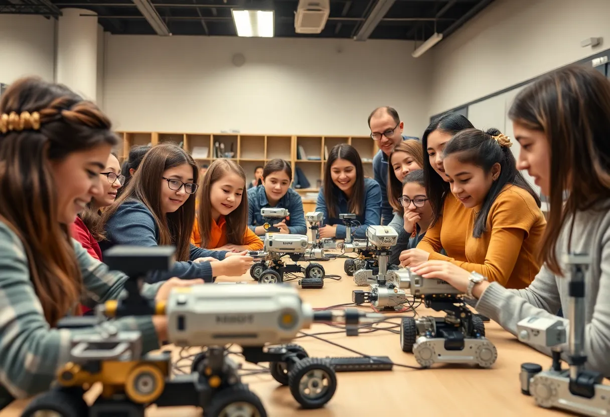 Students in a robotics engineering classroom at SAIL High School