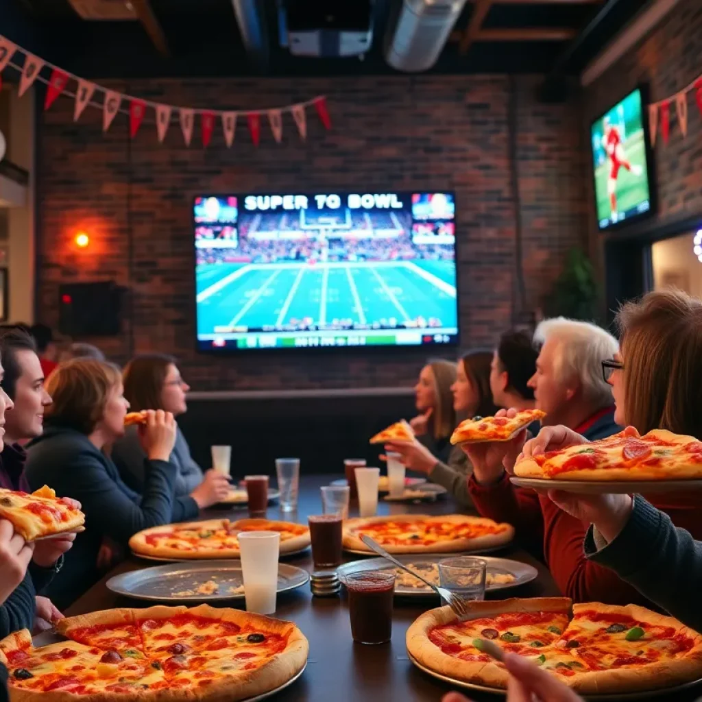 Group of friends enjoying pizza while watching Super Bowl LIX