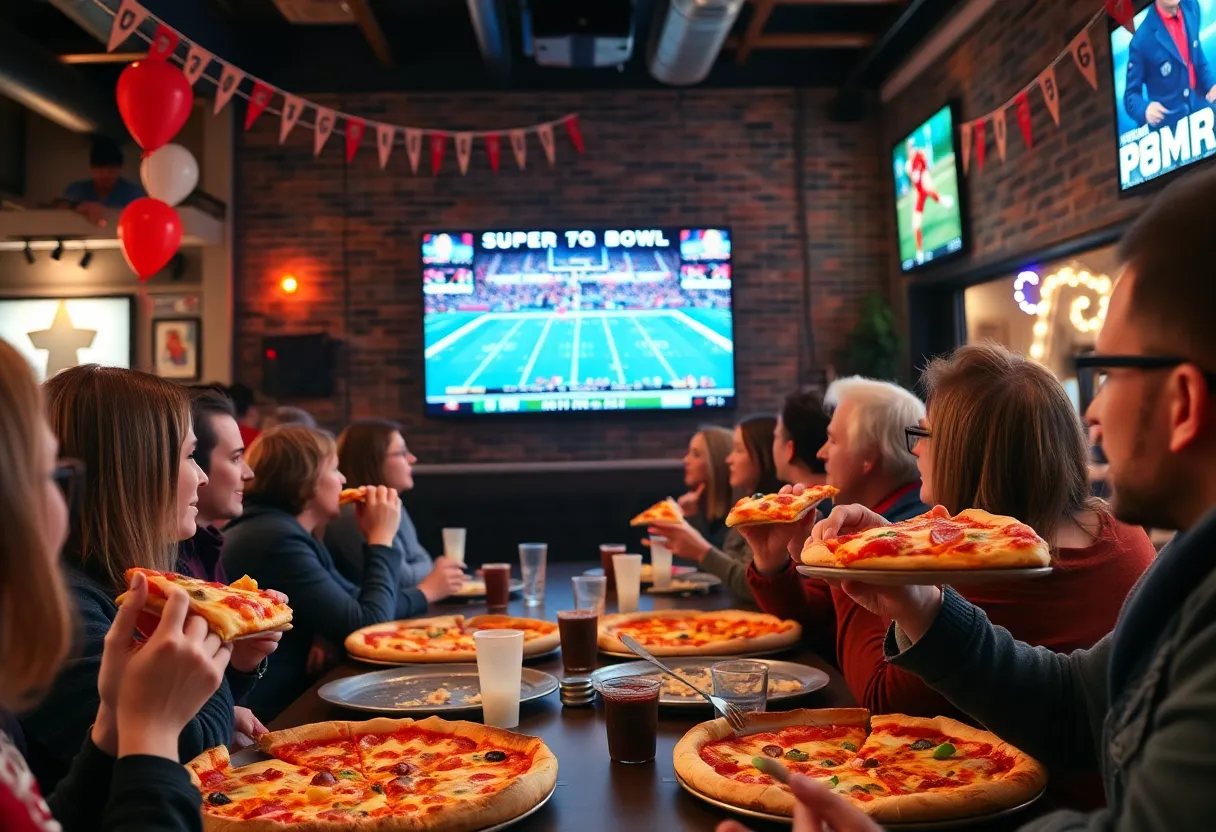 Group of friends enjoying pizza while watching Super Bowl LIX