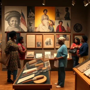Exhibit showcasing African American history with artifacts and displays