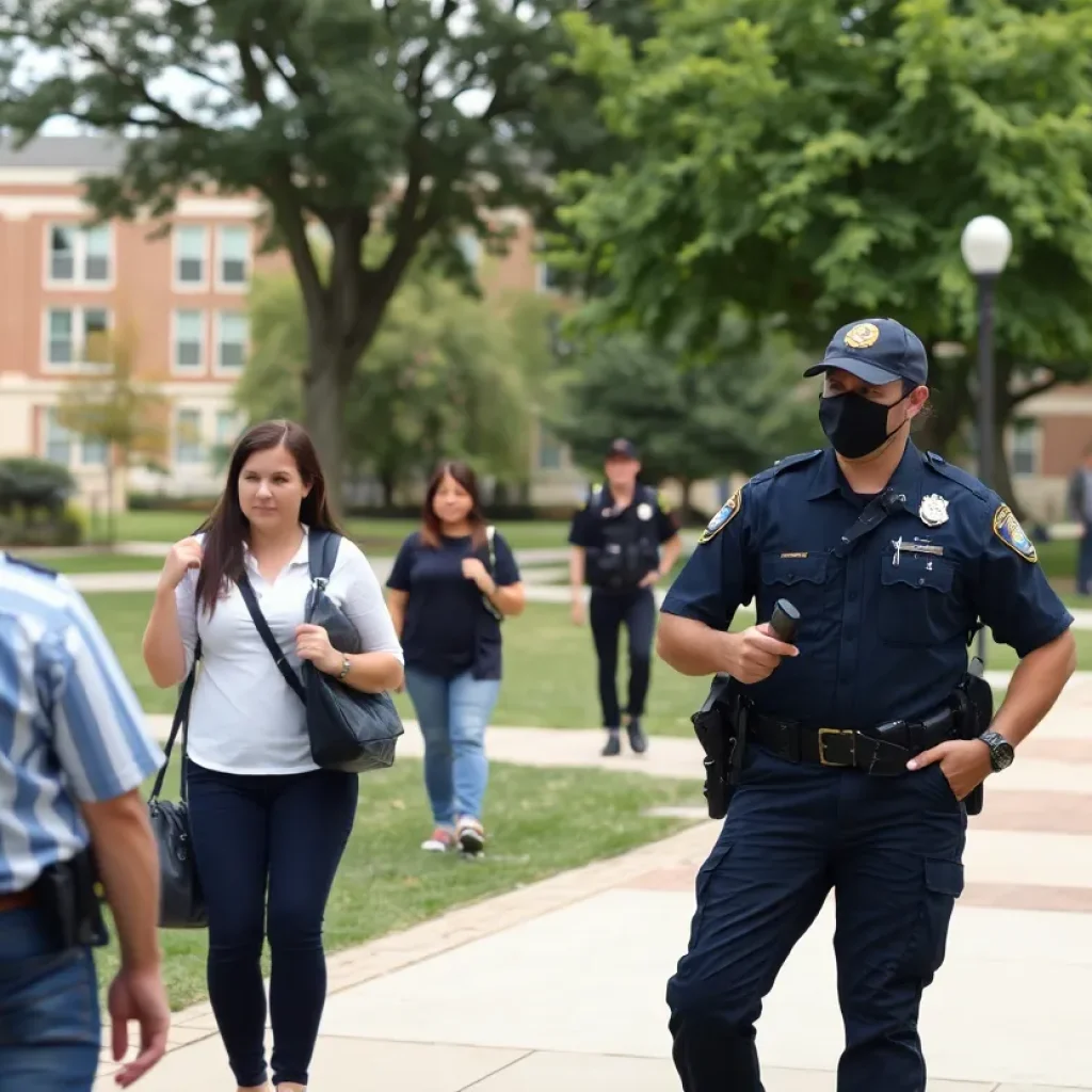 Students at a college campus discussing safety measures amidst rising crime rates.
