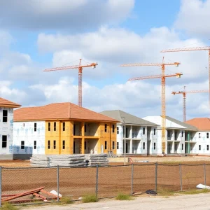 Construction site in Tallahassee with cranes and homes