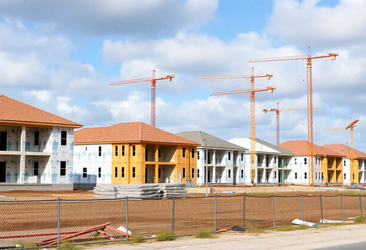 Construction site in Tallahassee with cranes and homes