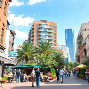 A sunny day in downtown Tallahassee with people enjoying restaurants and outdoor activities.