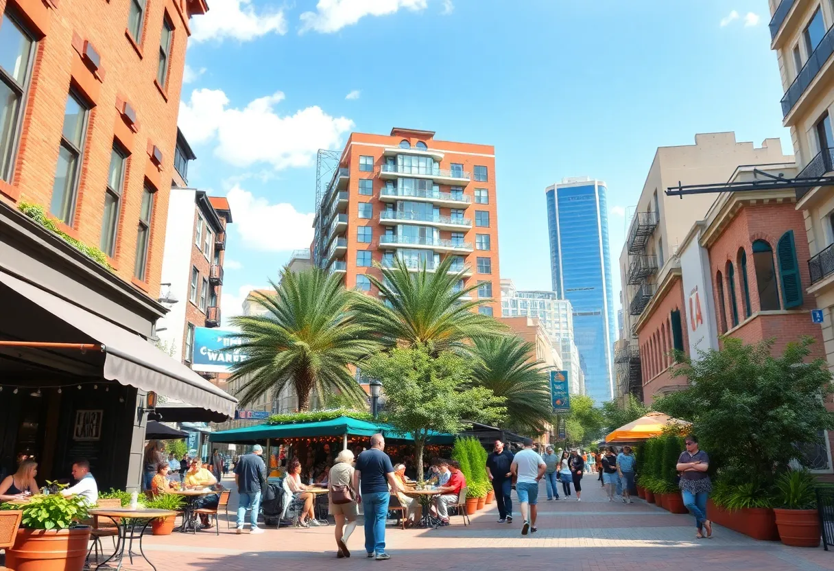 A sunny day in downtown Tallahassee with people enjoying restaurants and outdoor activities.