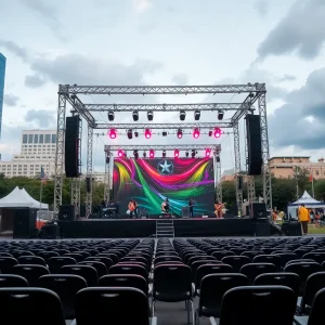 Empty festival venue in Tallahassee showing stages and chairs