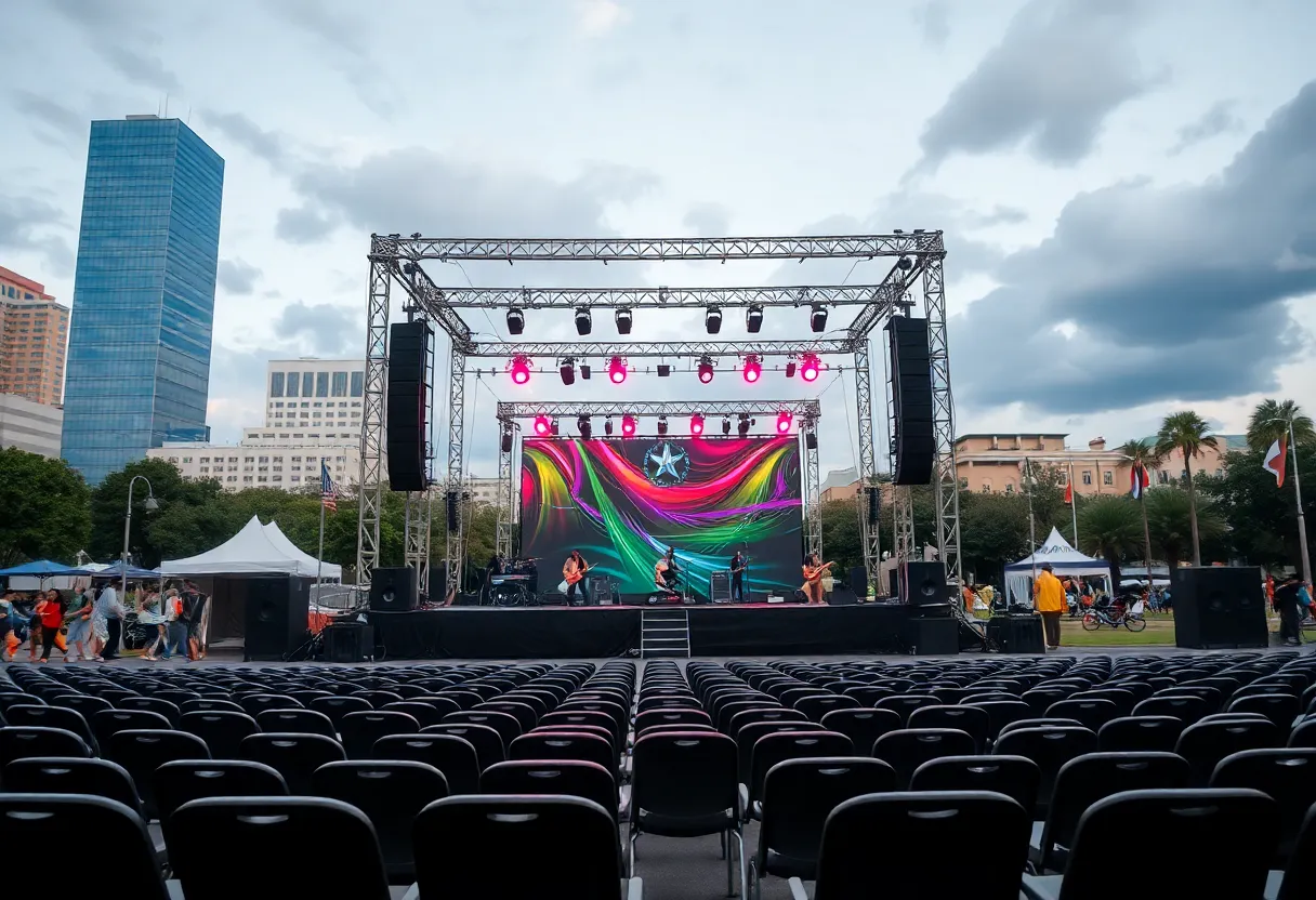 Empty festival venue in Tallahassee showing stages and chairs