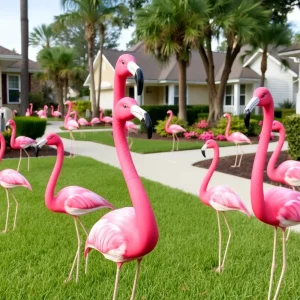 Colorful pink flamingos in a Tallahassee neighborhood for the Flamingo Challenge