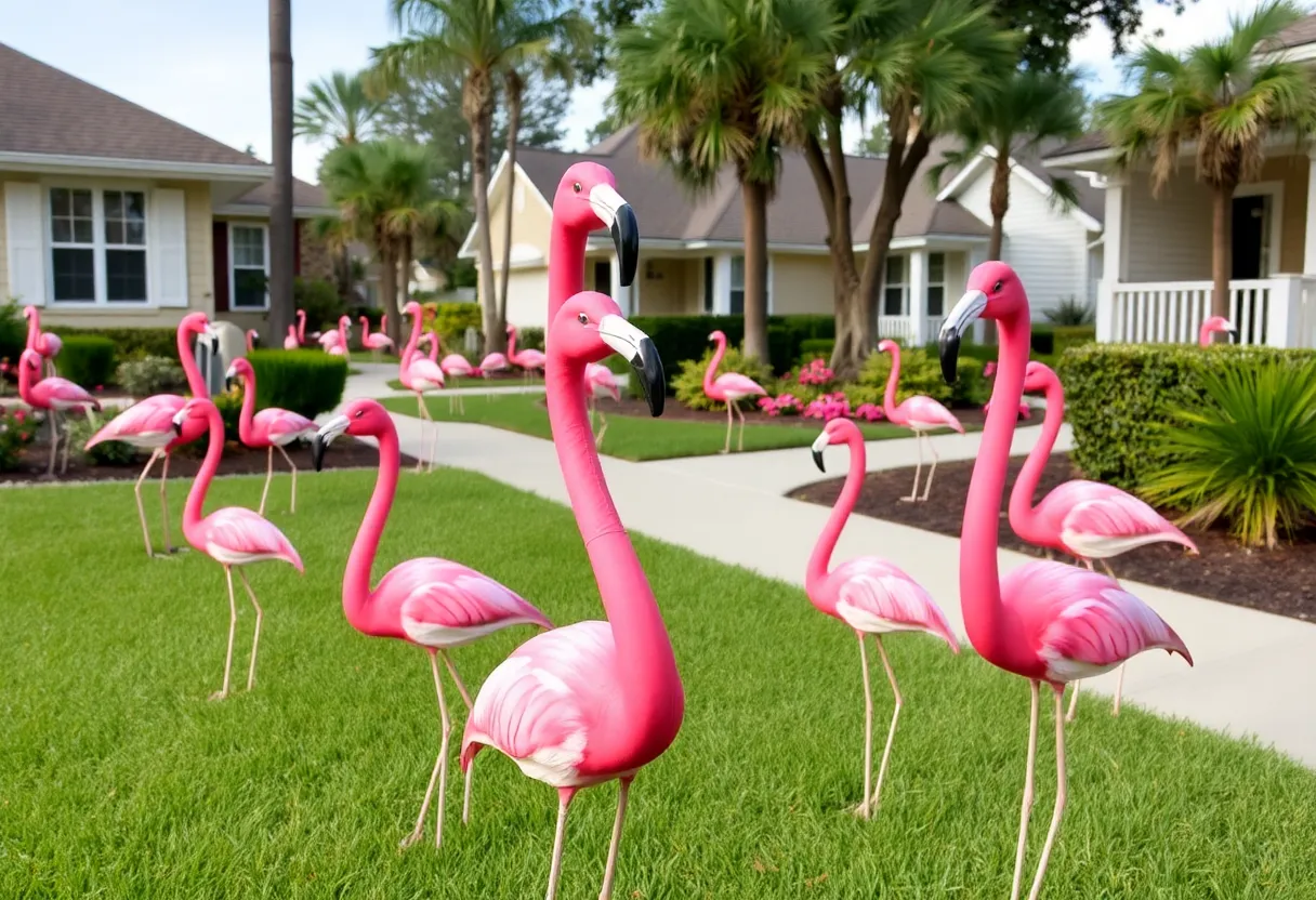 Colorful pink flamingos in a Tallahassee neighborhood for the Flamingo Challenge