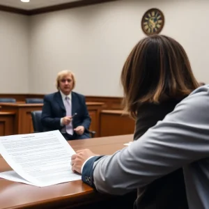 Courtroom scene of landlord and tenant discussing emotional support animal rights