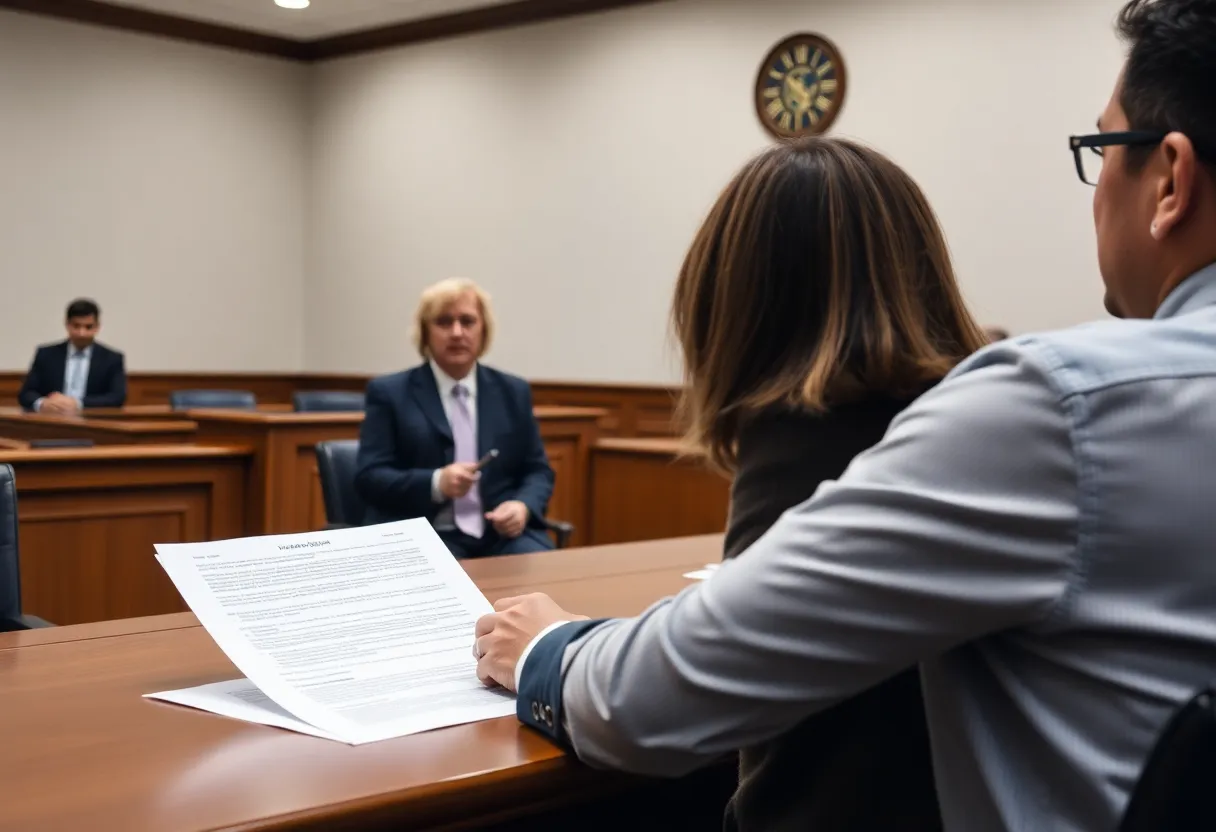 Courtroom scene of landlord and tenant discussing emotional support animal rights