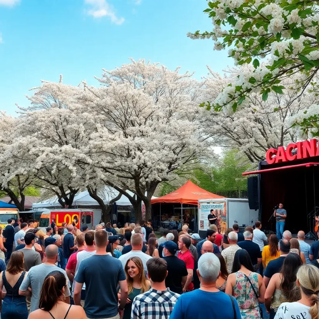 Crowd enjoying a music festival under blooming trees in Tallahassee.