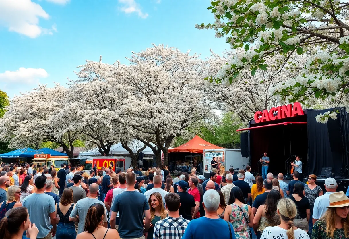 Crowd enjoying a music festival under blooming trees in Tallahassee.