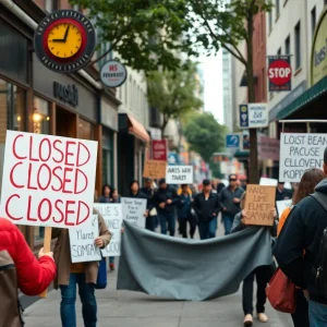 Community members rallying in support of immigrant rights with closed businesses in the background.