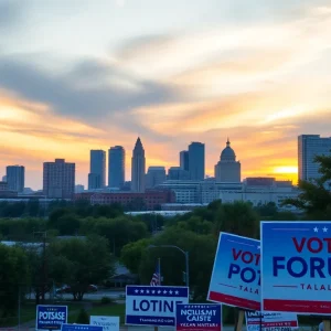Skyline of Tallahassee with political campaign elements