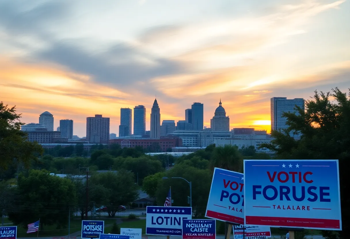 Skyline of Tallahassee with political campaign elements