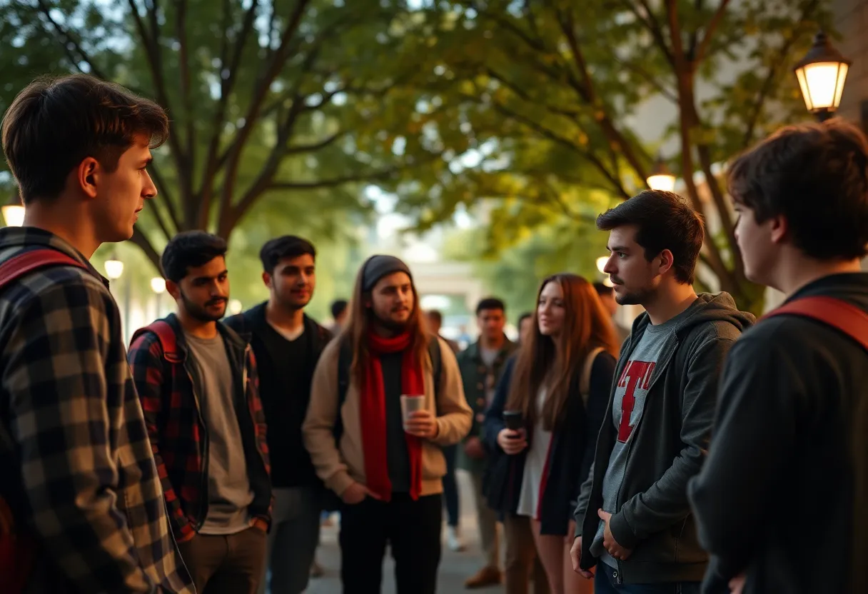 Students discussing fraternity culture and safety on university campus
