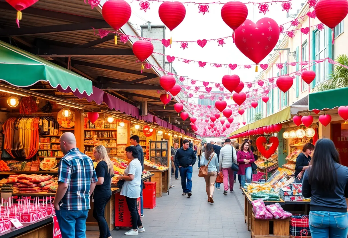 People shopping at the Valentine's Day Market in Railroad Square