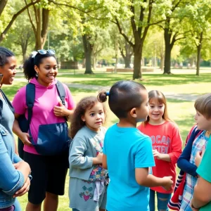Volunteers interacting with children in a park