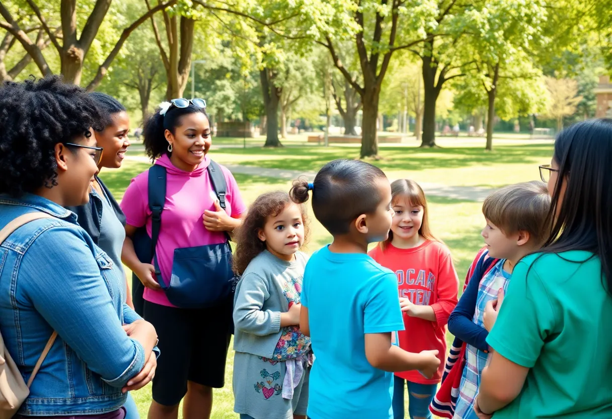 Volunteers interacting with children in a park