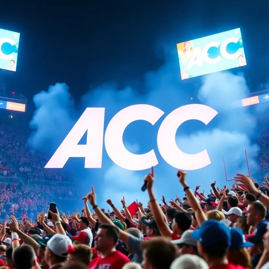 Fans celebrating during a college football game with ACC branding