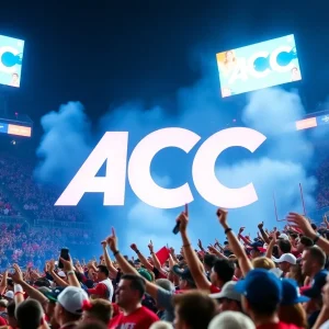 Fans celebrating during a college football game with ACC branding