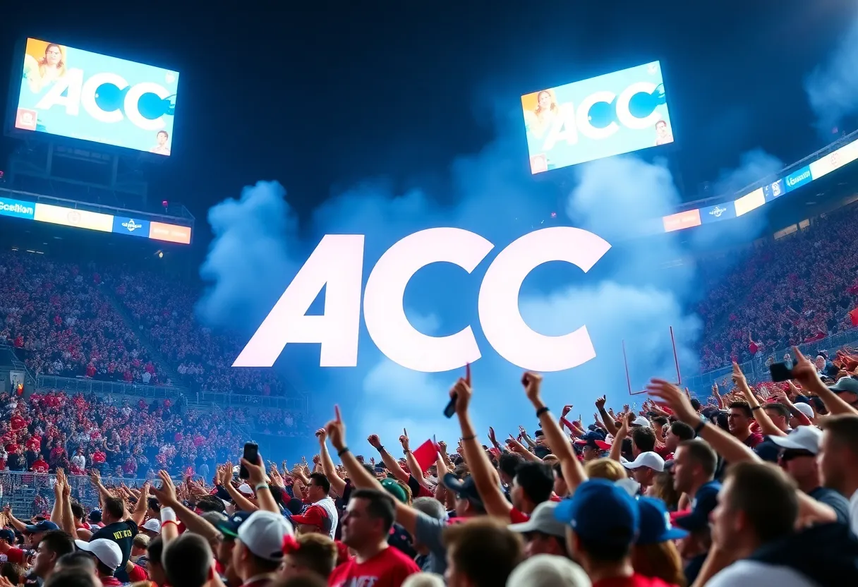 Fans celebrating during a college football game with ACC branding