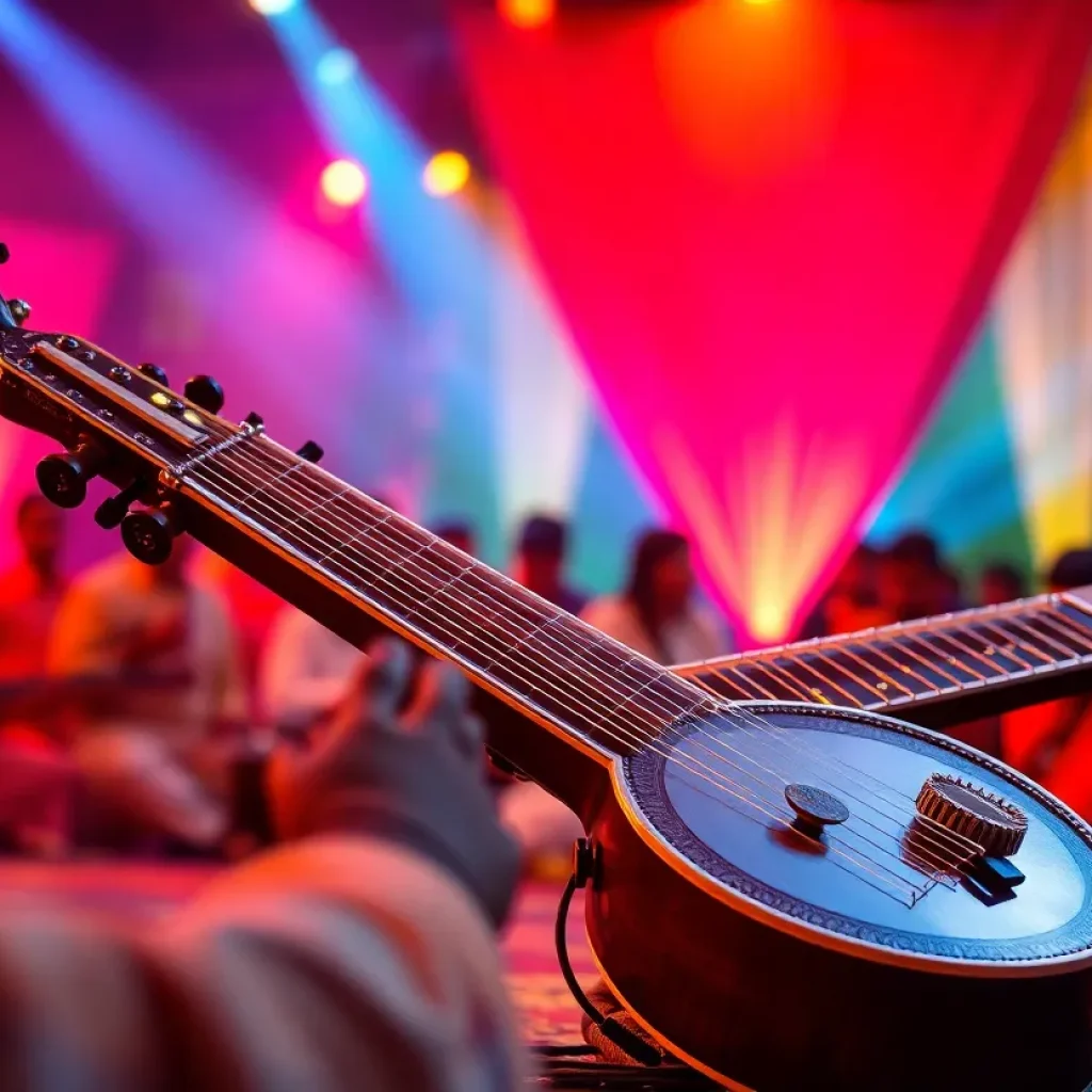 Anoushka Shankar performing at a concert with a sitar.