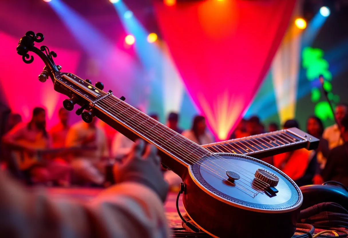 Anoushka Shankar performing at a concert with a sitar.