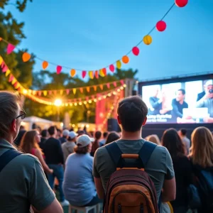 Crowd watching short film at outdoor festival