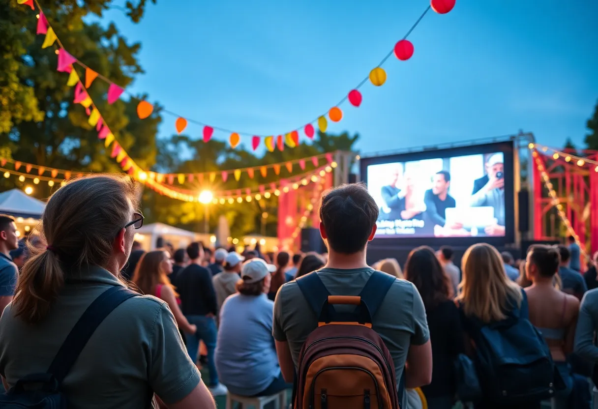 Crowd watching short film at outdoor festival