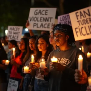 Community members gather for a vigil honoring Aaron Giles, advocating against gun violence.