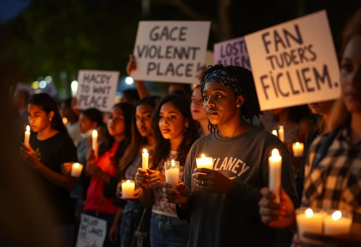 Community members gather for a vigil honoring Aaron Giles, advocating against gun violence.