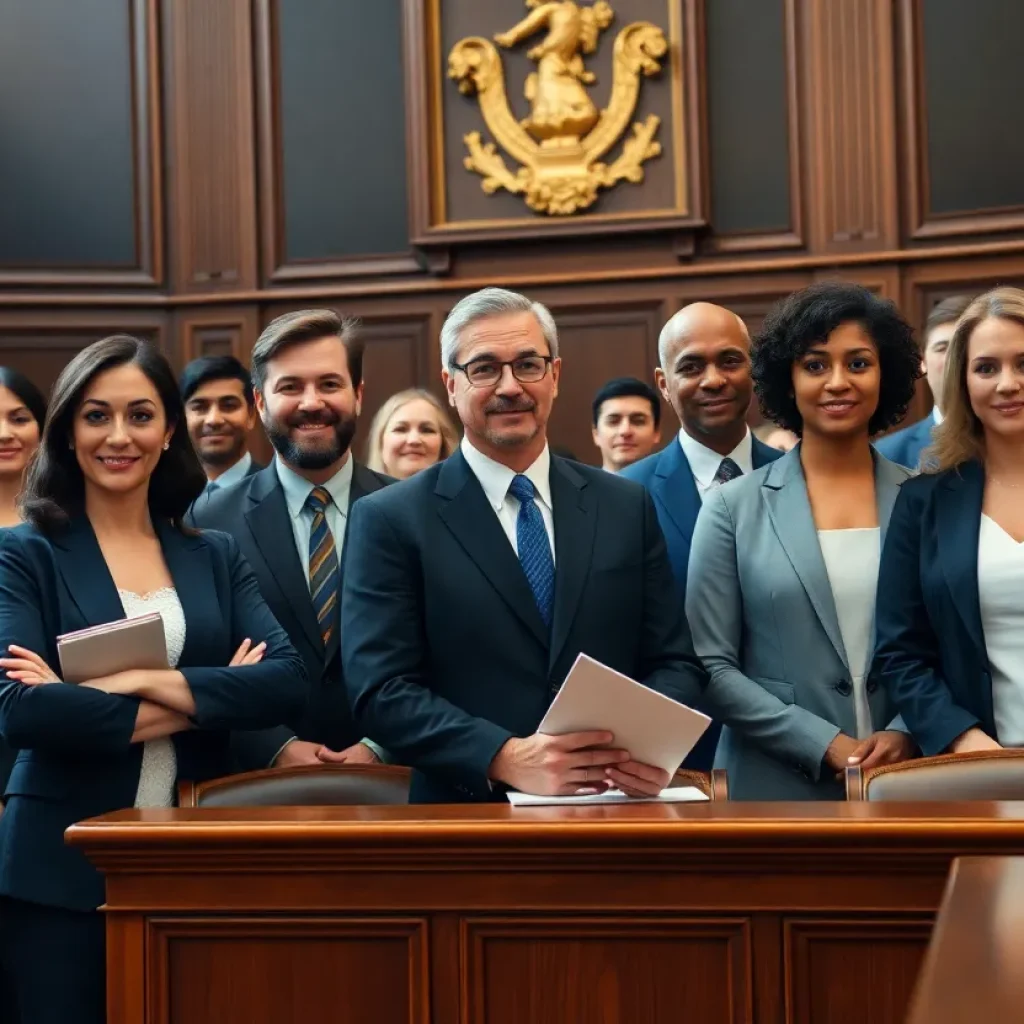 A group of legal professionals in a courtroom