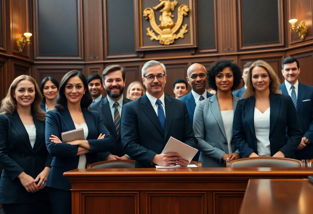 A group of legal professionals in a courtroom
